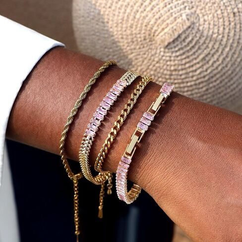 YOXWSKA 4 قطع أساور ذهبية ملونة للنساء، سوار تنس زركونيا مكعب 5 مم مربع، مجموعة أساور تنس تشيكوسلوفاكيا مطلية بالذهب 14 قيراط للنساء المراهقات والفتيات هدية مجوهرات قابلة للتعديل in Kuwait