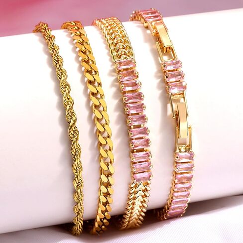 YOXWSKA 4 قطع أساور ذهبية ملونة للنساء، سوار تنس زركونيا مكعب 5 مم مربع، مجموعة أساور تنس تشيكوسلوفاكيا مطلية بالذهب 14 قيراط للنساء المراهقات والفتيات هدية مجوهرات قابلة للتعديل in Kuwait