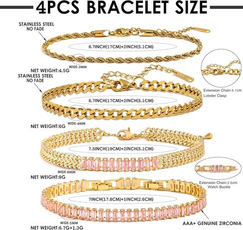 YOXWSKA 4 قطع أساور ذهبية ملونة للنساء، سوار تنس زركونيا مكعب 5 مم مربع، مجموعة أساور تنس تشيكوسلوفاكيا مطلية بالذهب 14 قيراط للنساء المراهقات والفتيات هدية مجوهرات قابلة للتعديل in Kuwait