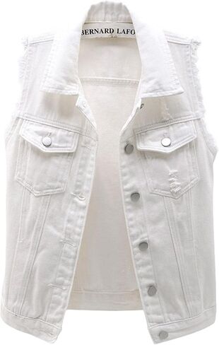 loveimgs Women's Fashion Sleeveless Regular Fit Lightweight Button Front Candy Color Ripped Denim Vest Jacket Pockets in Kuwait