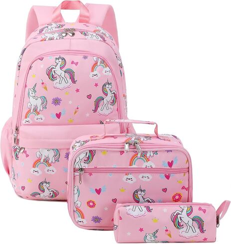 Unineovo Unicorn Girls School Backpack Set 3 in 1, Girls Pink Unicorn Bookbag, Backpack, Lunch Box, and Pencil Case for Elementary School in Saudi Arabia