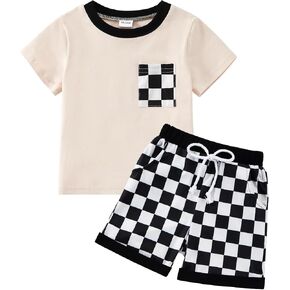 Usaibhir Baby Boy Clothes Toddler Boy Summer Outfits Patchwork Checkerboard Tshirt & Shorts for Boys 1t 2t 3t 4t 5t in Saudi Arabia