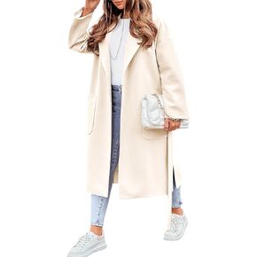 FSHAOES Womens Lapel Collar Pea Coat Open Front Overcoat Belted Long Jacket Outerwear