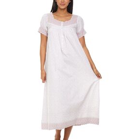 Alexander Del Rossa Women Cotton Victorian Nightgown Amelia Short Sleeve Lace Trim Button Up Long Vintage Night Dress Gown