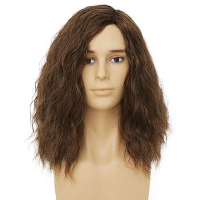 Amnenl Men Brown Curly Wigs 70s 80s Punk Rocker Wig Long Wave Fuffy Synthetic Hair Wigs for Male Halloween Daily Anime Wig