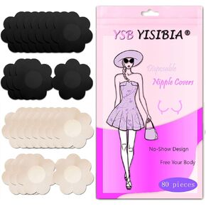 YISIBIA 80 Pieces Nipple Covers For Women Disposable Adhesive Natural & Invisible Satin Nipple Pasties Stickers Breast Petals (Beige/Black) in Kuwait