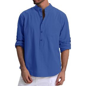 RPOVIG Men's Linen Shirts Long Sleeve Button Down Beach Shirt Henley Casual T Shirt Summer Clothes Soft Lightweight