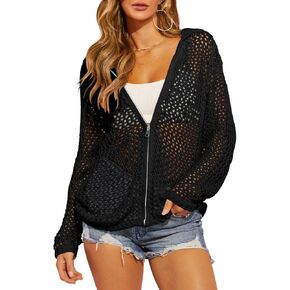 Saodimallsu Womens Crochet Lightweight Cardigans Zip Up Hooded Long Sleeve Knit Sweaters Mesh Beach Swim Cover Up