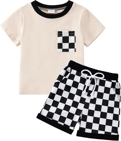 Usaibhir Baby Boy Clothes Toddler Boy Summer Outfits Patchwork Checkerboard Tshirt & Shorts for Boys 1t 2t 3t 4t 5t in Saudi Arabia