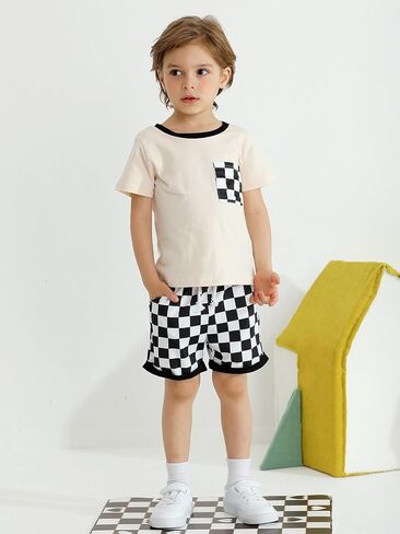 Usaibhir Baby Boy Clothes Toddler Boy Summer Outfits Patchwork Checkerboard Tshirt & Shorts for Boys 1t 2t 3t 4t 5t in Saudi Arabia