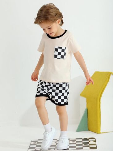 Usaibhir Baby Boy Clothes Toddler Boy Summer Outfits Patchwork Checkerboard Tshirt & Shorts for Boys 1t 2t 3t 4t 5t in Saudi Arabia