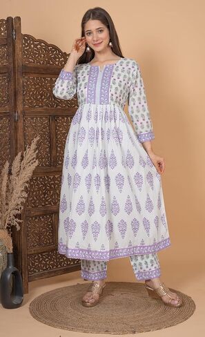 كورتا أناركالي للسيدات من القطن المطبوع باللون الأبيض والأخضر من Meera Fab مع بالازو ووشاح in Saudi Arabia