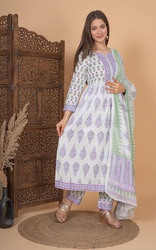 كورتا أناركالي للسيدات من القطن المطبوع باللون الأبيض والأخضر من Meera Fab مع بالازو ووشاح in Saudi Arabia