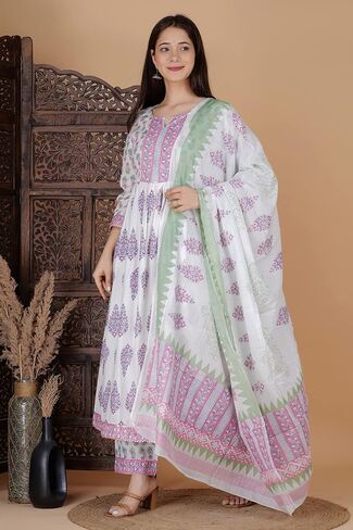 كورتا أناركالي للسيدات من القطن المطبوع باللون الأبيض والأخضر من Meera Fab مع بالازو ووشاح in Saudi Arabia