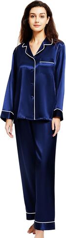 Women's Satin Pajamas Set Long Sleeve Button Down Shirt With Long Pant Sleepwear in Saudi Arabia