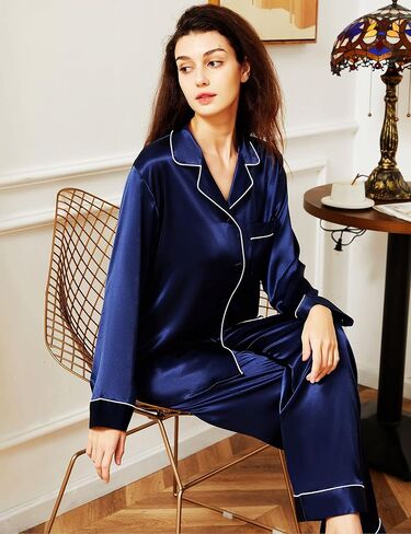 Women's Satin Pajamas Set Long Sleeve Button Down Shirt With Long Pant Sleepwear in Saudi Arabia