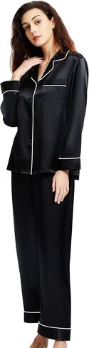 Women's Satin Pajamas Set Long Sleeve Button Down Shirt With Long Pant Sleepwear in Saudi Arabia