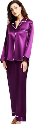 Women's Satin Pajamas Set Long Sleeve Button Down Shirt With Long Pant Sleepwear in Saudi Arabia