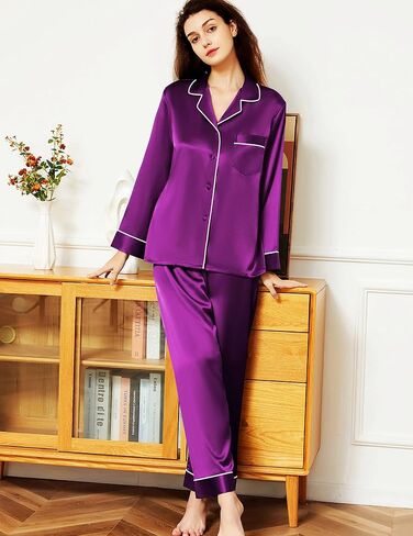 Women's Satin Pajamas Set Long Sleeve Button Down Shirt With Long Pant Sleepwear in Saudi Arabia