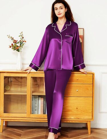Women's Satin Pajamas Set Long Sleeve Button Down Shirt With Long Pant Sleepwear in Saudi Arabia