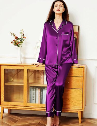 Women's Satin Pajamas Set Long Sleeve Button Down Shirt With Long Pant Sleepwear in Saudi Arabia