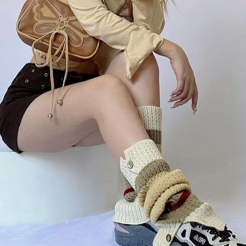 CHERSE Womens Leg Socks with Button Splicing Retro Knit Y2K Leg Warmers Vintage High Knee Warmer Socks 80s Outfit for Women in Saudi Arabia