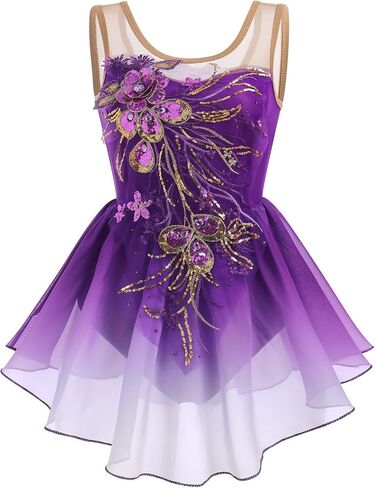 ODASDO Women Ice Figure Skating Dress Ballet Dance Leotard Gymnastics Sequin Embroidery Gradient Chiffon Dress Dancewear in Saudi Arabia