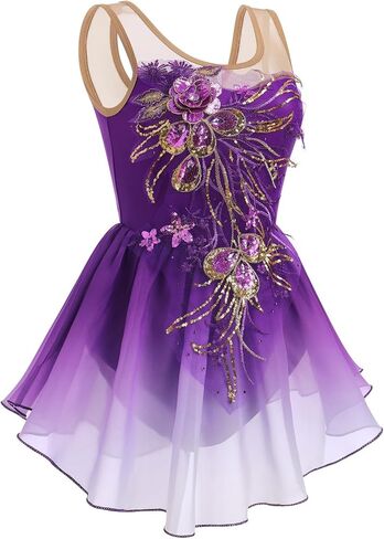 ODASDO Women Ice Figure Skating Dress Ballet Dance Leotard Gymnastics Sequin Embroidery Gradient Chiffon Dress Dancewear in Saudi Arabia