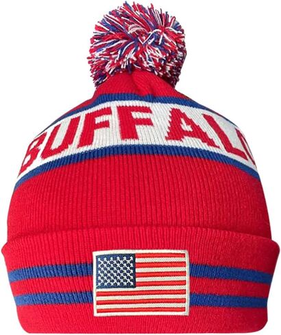Dutern US Flag Buffalo City Football Embroidery Classic Pom Cuff Buffalo Beanie Hat Cuffed Winter Hat Knit Toque Skull Cap Red in Kuwait