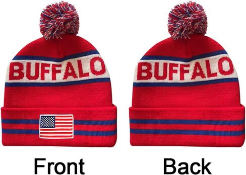 Dutern US Flag Buffalo City Football Embroidery Classic Pom Cuff Buffalo Beanie Hat Cuffed Winter Hat Knit Toque Skull Cap Red in Kuwait