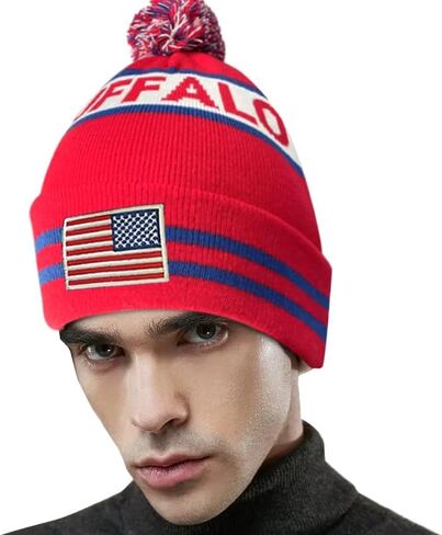 Dutern US Flag Buffalo City Football Embroidery Classic Pom Cuff Buffalo Beanie Hat Cuffed Winter Hat Knit Toque Skull Cap Red in Kuwait