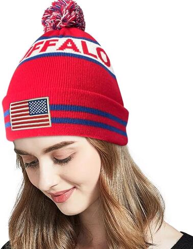 Dutern US Flag Buffalo City Football Embroidery Classic Pom Cuff Buffalo Beanie Hat Cuffed Winter Hat Knit Toque Skull Cap Red in Kuwait