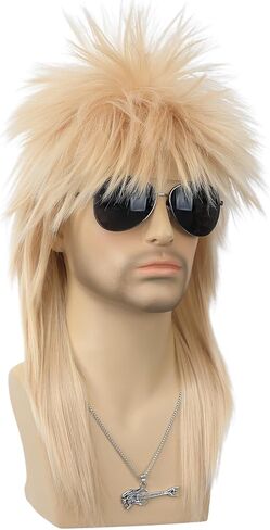 morvally للجنسين 70s 80s شعر مستعار البوري طويل أشقر جلام الشرير الصخرة الثقيلة المعادن الروك تأثيري الباروكات للنساء والرجال هالوين تحت عنوان حفلة تنكرية in Kuwait