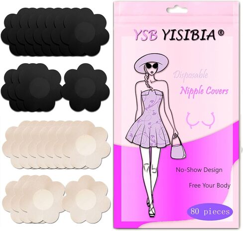 YISIBIA 80 قطعة من أغطية الحلمات للنساء، لاصقة للاستعمال مرة واحدة، ملصقات فطائر الحلمة الطبيعية وغير المرئية من الساتان بتلات الثدي (بيج/أسود) in Kuwait