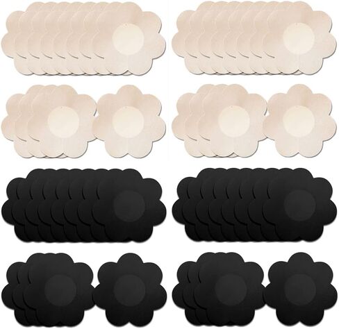 YISIBIA 80 قطعة من أغطية الحلمات للنساء، لاصقة للاستعمال مرة واحدة، ملصقات فطائر الحلمة الطبيعية وغير المرئية من الساتان بتلات الثدي (بيج/أسود) in Kuwait