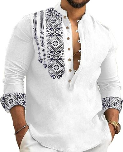 قمصان كتان 2024 للرجال هينلي باكمام طويلة وقبة مخططة وازرار بتصميم فينتاج للشاطئ وهاواي in Kuwait