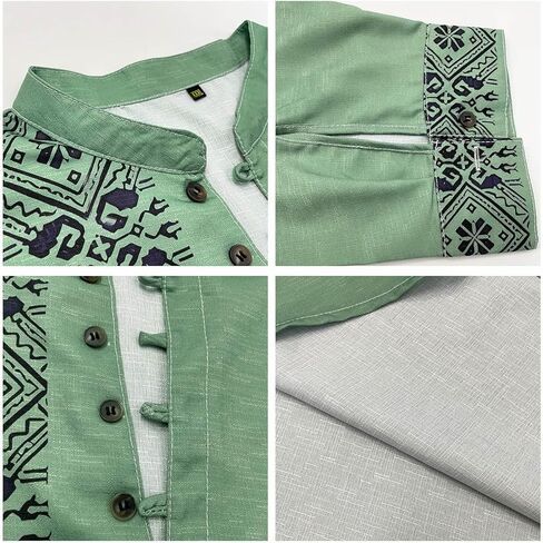 قمصان كتان 2024 للرجال هينلي باكمام طويلة وقبة مخططة وازرار بتصميم فينتاج للشاطئ وهاواي in Kuwait