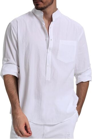 RPOVIG Men's Linen Shirts Long Sleeve Button Down Beach Shirt Henley Casual T Shirt Summer Clothes Soft Lightweight in Saudi Arabia
