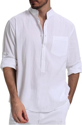 RPOVIG Men's Linen Shirts Long Sleeve Button Down Beach Shirt Henley Casual T Shirt Summer Clothes Soft Lightweight in Saudi Arabia