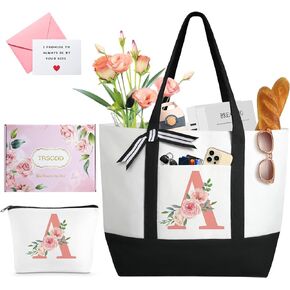 Ini-tial Beach Bag w Makeup Bag, Can-vas Tote Bag for Women w Zi-pper, Personalized 40th Friend Mom Grandma Birthday Bridesmaid Wedding Bridal Shower Christmas Gifts w Inner Pocket Card Gift Box C