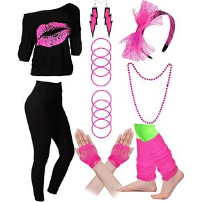 مجموعة إكسسوارات الأزياء النسائية من Cizoe الثمانينيات، طباعة الشفاه بدون أكتاف، عصابة رأس لتدفئة الساق، قفازات شبكة صيد السمك، سراويل ضيقة مطبوعة in Kuwait