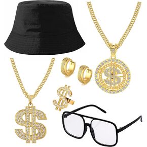 Jewdreamer 6 قطع 80s/90s الهيب هوب زي مجموعة مغني الراب اكسسوارات للرجال النساء 90s الزي قبعة النظارات الشمسية قلادة in Kuwait