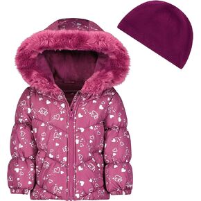LONDON FOG Baby Girl's Toddler Quilted Puffer Winter Jacket with Fleece Hat