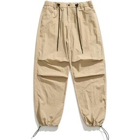 CRERI Men's Cargo Pants, Casual Parachute Baggy Drawstring Pants, Elastic Waist Hiking Hip Hop Joggers with Pockets