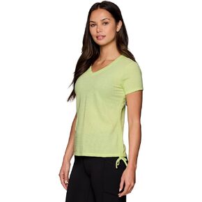 RBX Women's Cotton Blend V-Neck T-Shirt, Textured Short Sleeve Top with Side Tie Ruching for Workouts, Casual Wear