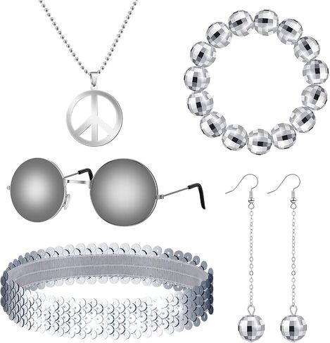 70s Disco Accessories Set Hippie Party 80s Costumes Earrings Necklace Bracelet Headband Sunglasses for Women Halloween Outfit Silver in Saudi Arabia