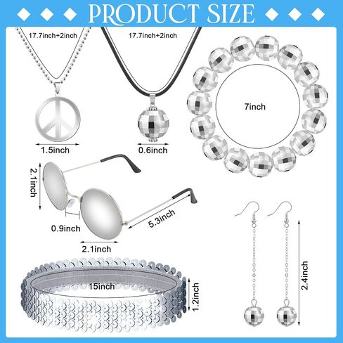 70s Disco Accessories Set Hippie Party 80s Costumes Earrings Necklace Bracelet Headband Sunglasses for Women Halloween Outfit Silver in Saudi Arabia