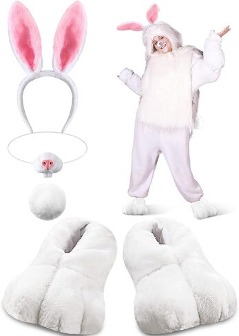 Giegxin 5 Pcs Adult Bunny Costume Halloween White Rabbit Costume Bunny Shoes Rabbit Feet Ear Headband Nose Tail in Saudi Arabia
