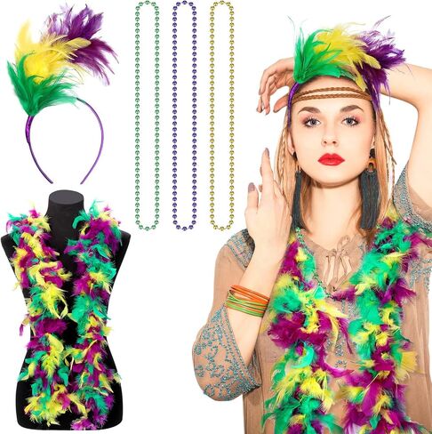 5 PCS Mardi Gras Accessories for Women, Mardi Gras Feather Boas and Feathers Headband with Mardi Gras Beads Mardi Gras Outfit Accessory Set Mardi Gras Party Decorations for Mardi Gras Dress Up in Saudi Arabia