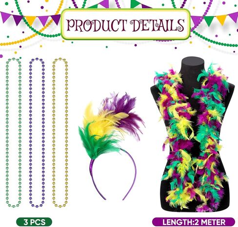 5 PCS Mardi Gras Accessories for Women, Mardi Gras Feather Boas and Feathers Headband with Mardi Gras Beads Mardi Gras Outfit Accessory Set Mardi Gras Party Decorations for Mardi Gras Dress Up in Saudi Arabia